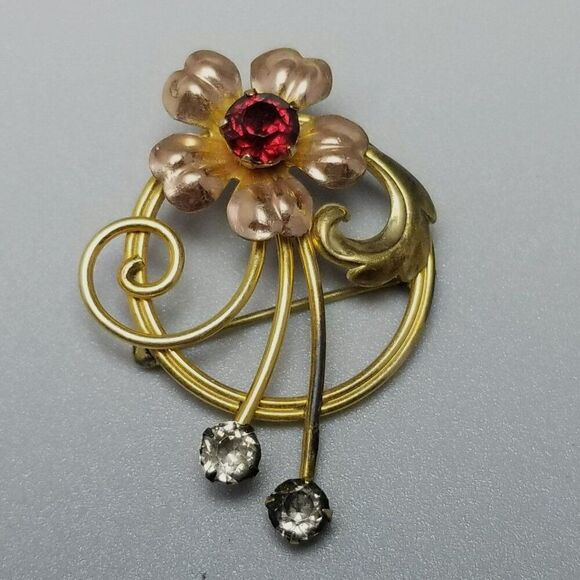 Van Dell Jewelry - Vintage Van Dell 12k Gold Filled Red Rhinestone Flower Brooch Lapel Pin, Estate